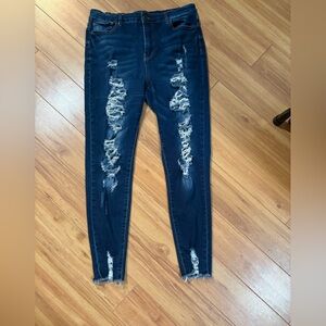 Trendy Distressed Skinny Jeans in Dark Blue